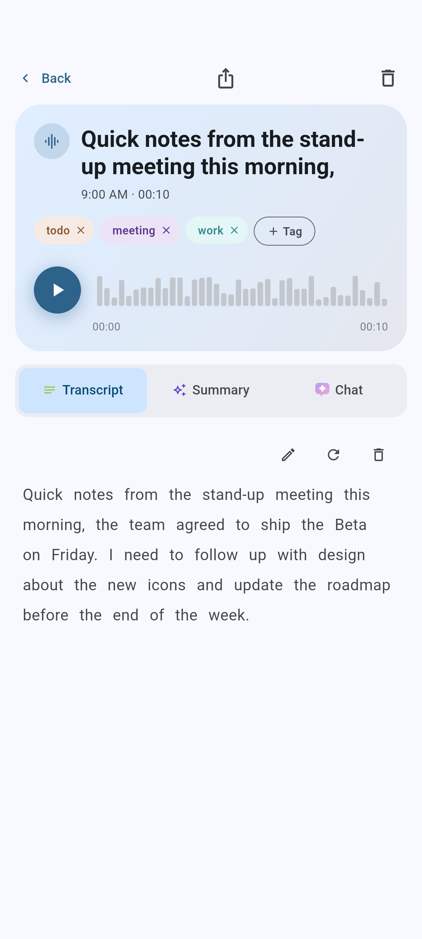 Spoolnote entry detail screen showing the full transcript, tag, and audio playback for a note