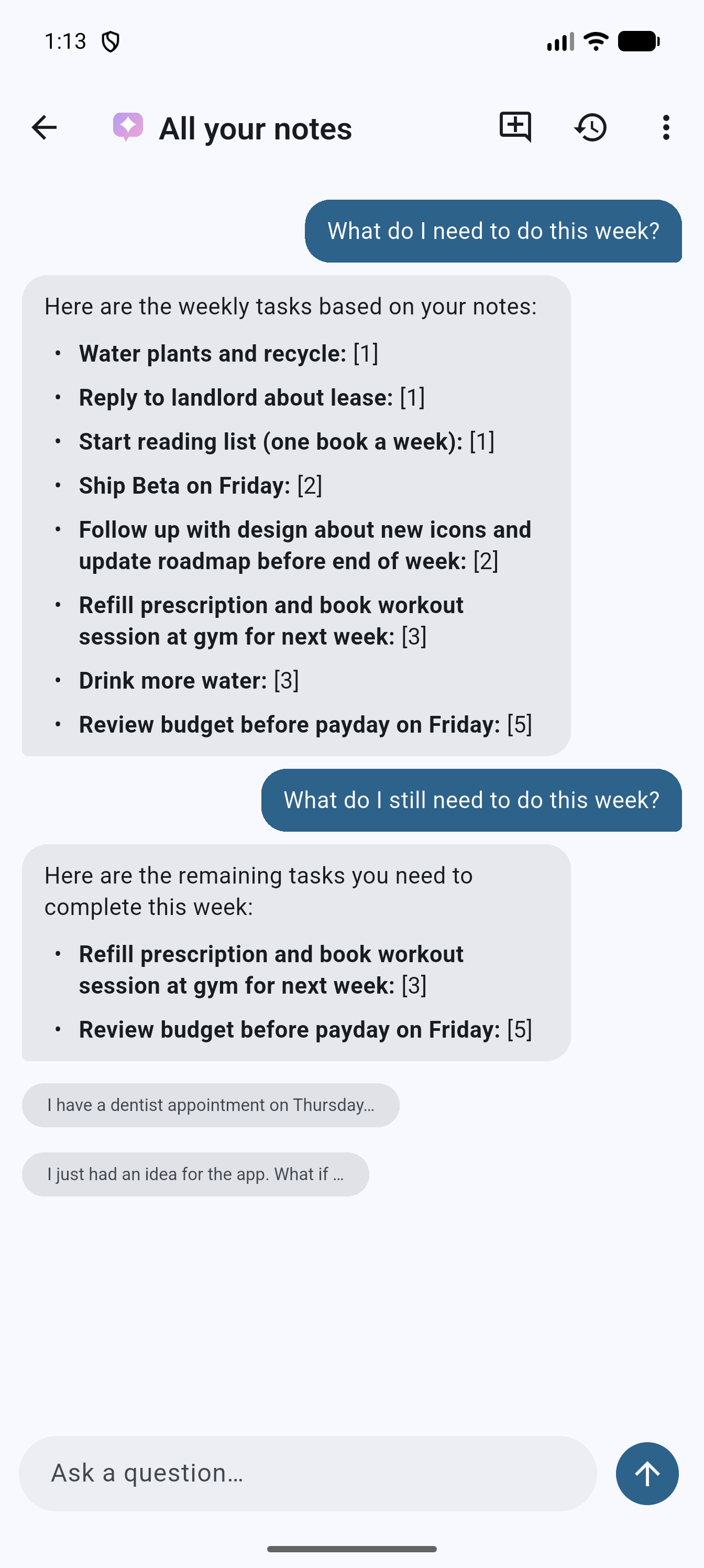 Spoolnote global chat answering a question across all voice notes, with cited sources