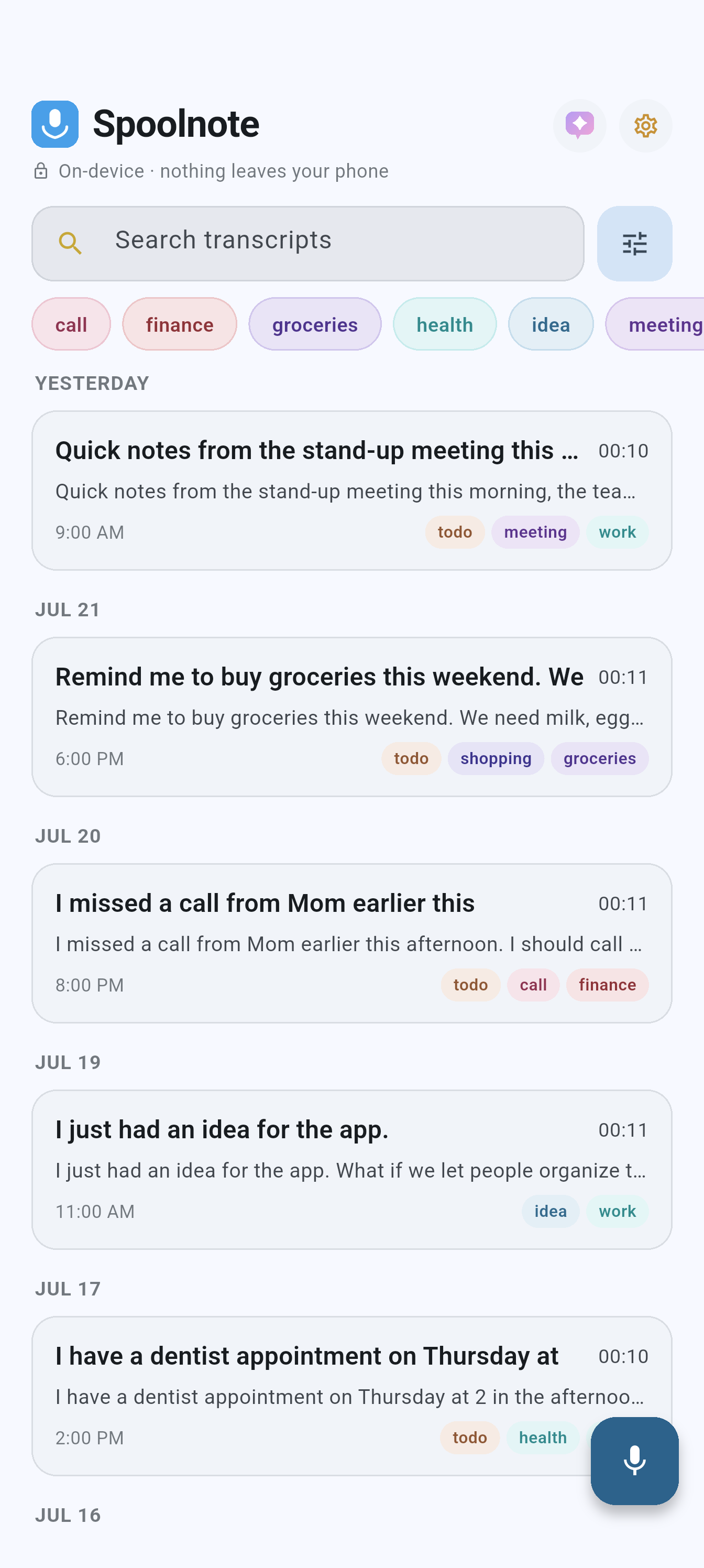 Spoolnote home screen listing recent voice notes, grouped by day with tags and durations