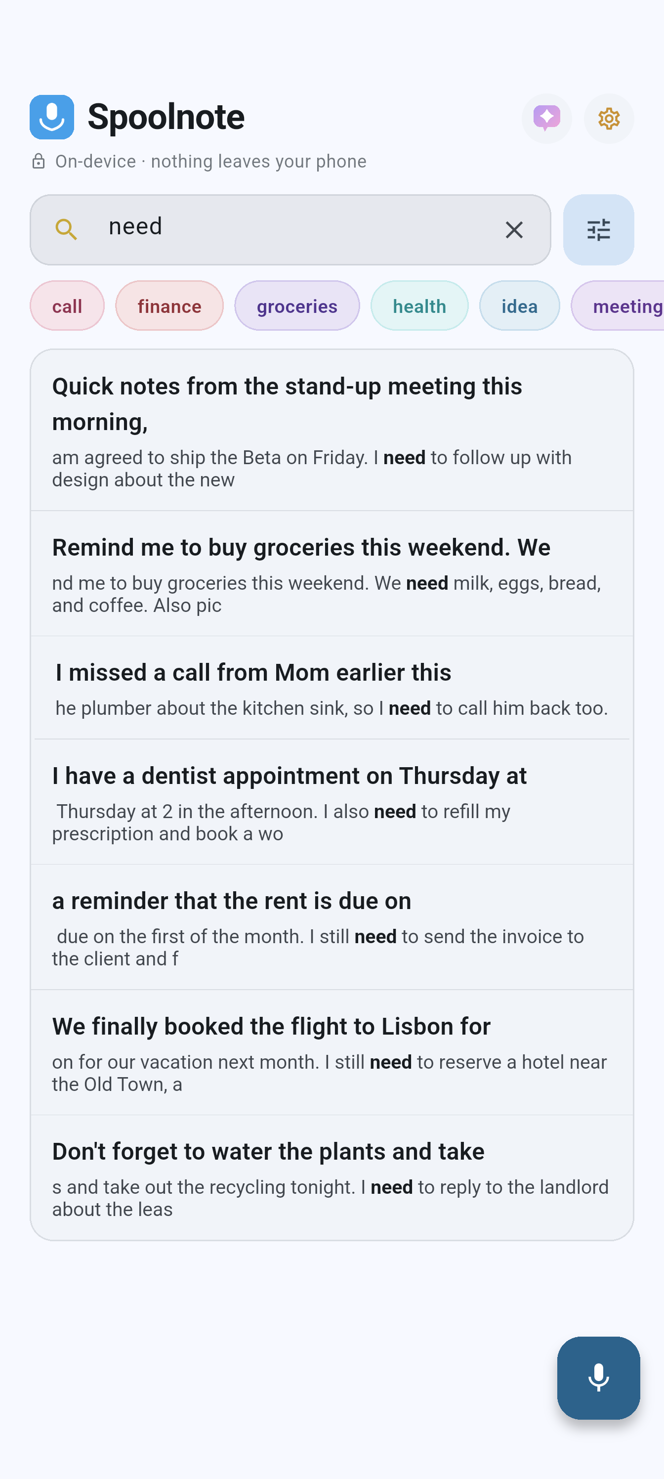 Spoolnote search results with matching transcript text highlighted