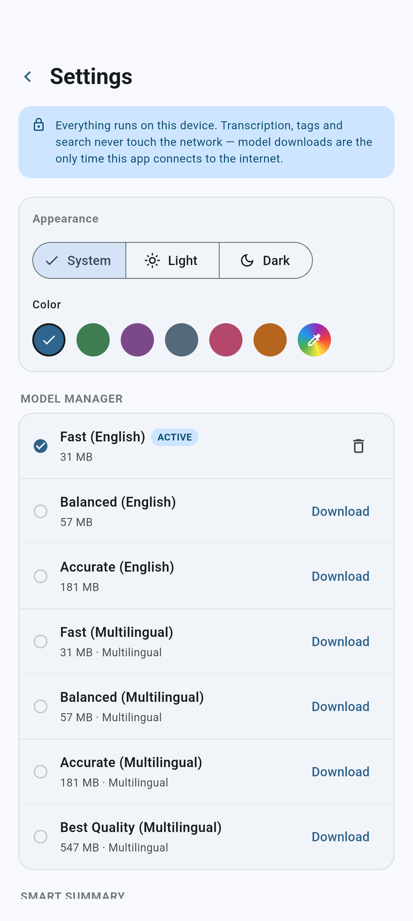 Spoolnote settings screen
