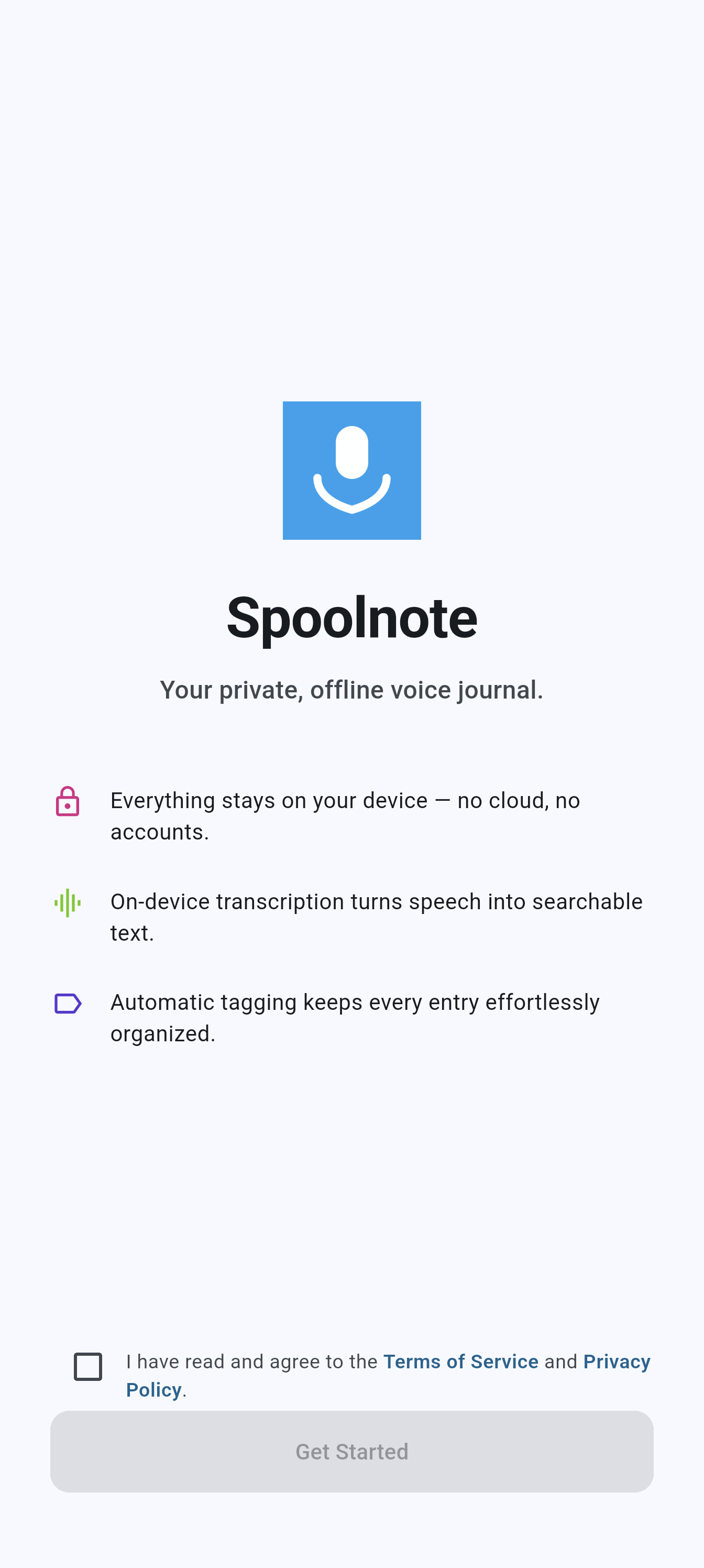Spoolnote welcome screen: your private, offline voice journal